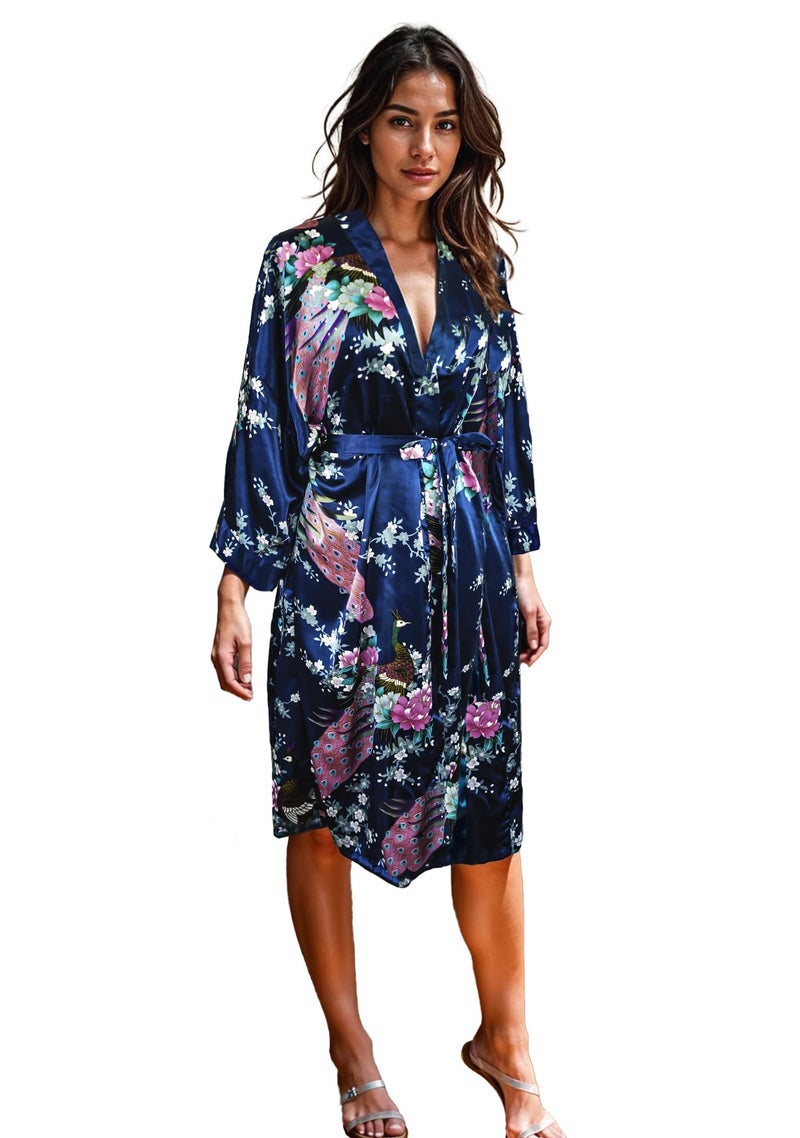 CCcollections Long Kimono Robe for Women, Premium Lightweight Peacock Bridesmaid Robe, Bridal Shower, Birthday Womenâ€™s Gift - Image 1